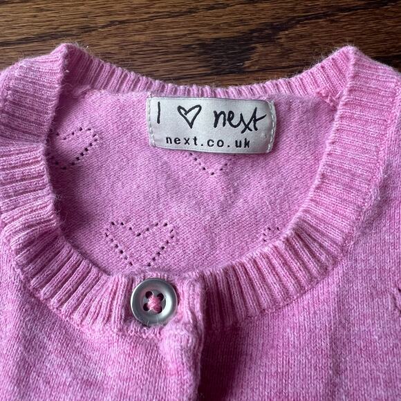 Next Girl's Pink Heart Pointelle Buttondown Sweater Cardigan 2-3 years - Picture 2 of 3
